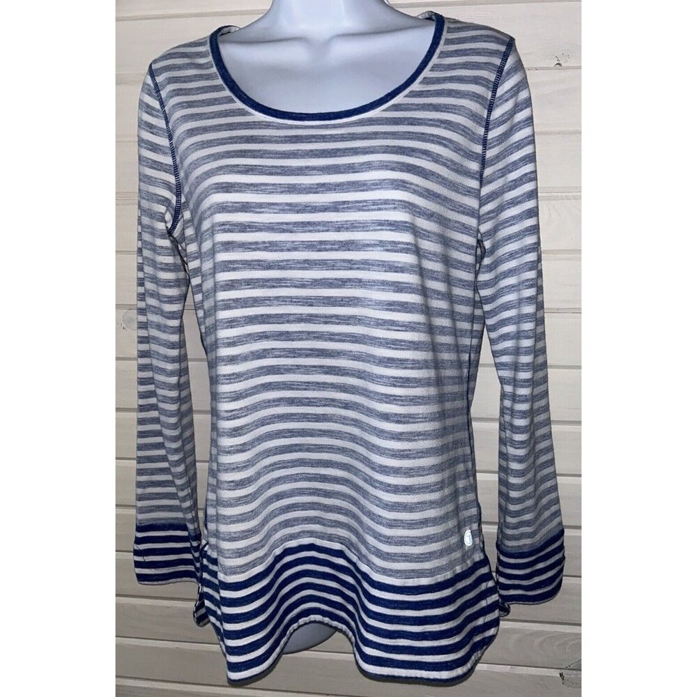 T by Talbots Sz MEDIUM Top Tunic Blue White Striped Cotton Blend Logo EUC